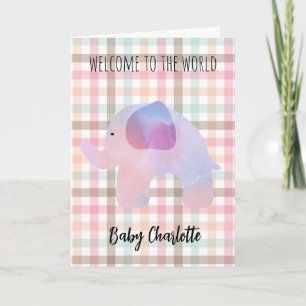 Pastel Gingham Elephant Welcome Baby Girl Karte