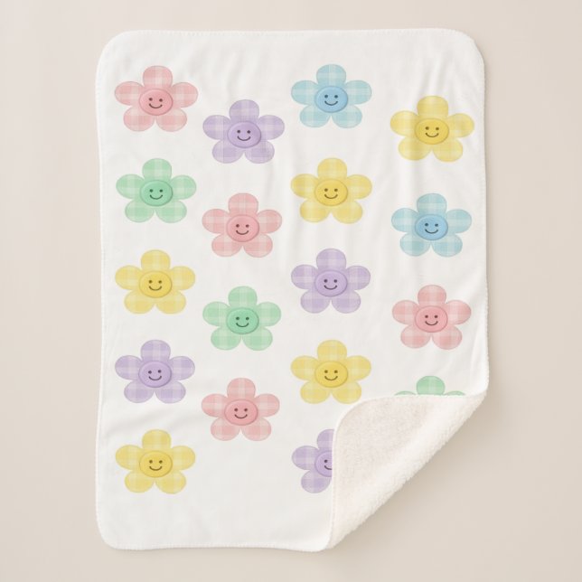 Pastel Gingham Smiling Flowers Cute Blanket  Sherpadecke (Vorderseite)