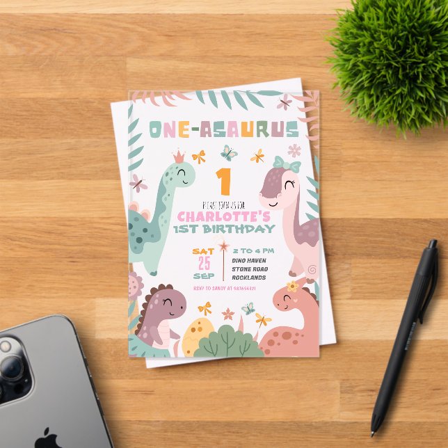 Pastel Girl Dinosaur 1st Birthday Invitation Acryleinladungen (Insitu (Einladungskarte))