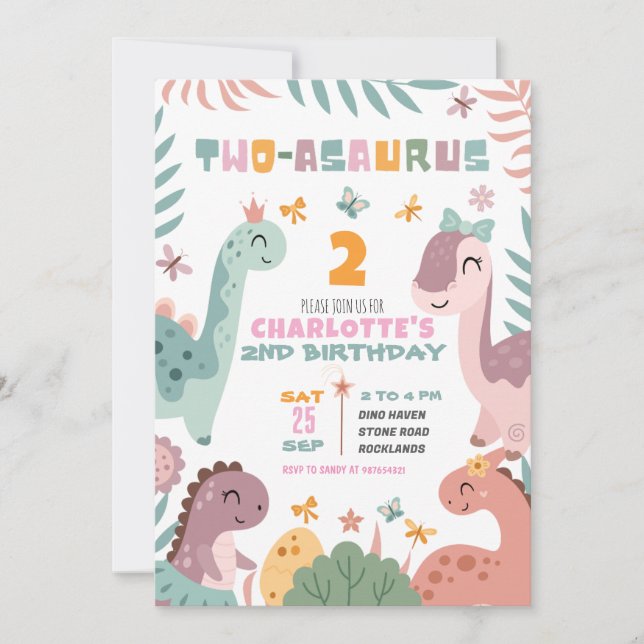 Pastel Girl Dinosaur 2nd Birthday Invitation Einladung (Vorderseite)