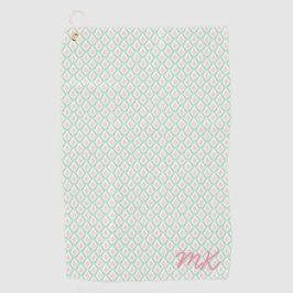 Pastel Girly Green & Pink Muster mit Initialen Golfhandtuch