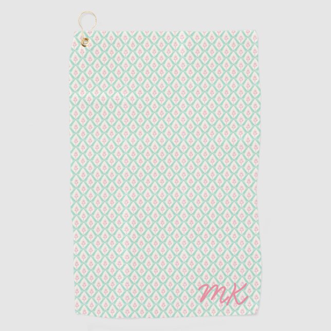 Pastel Girly Green & Pink Muster mit Initialen Golfhandtuch (Vorderseite)