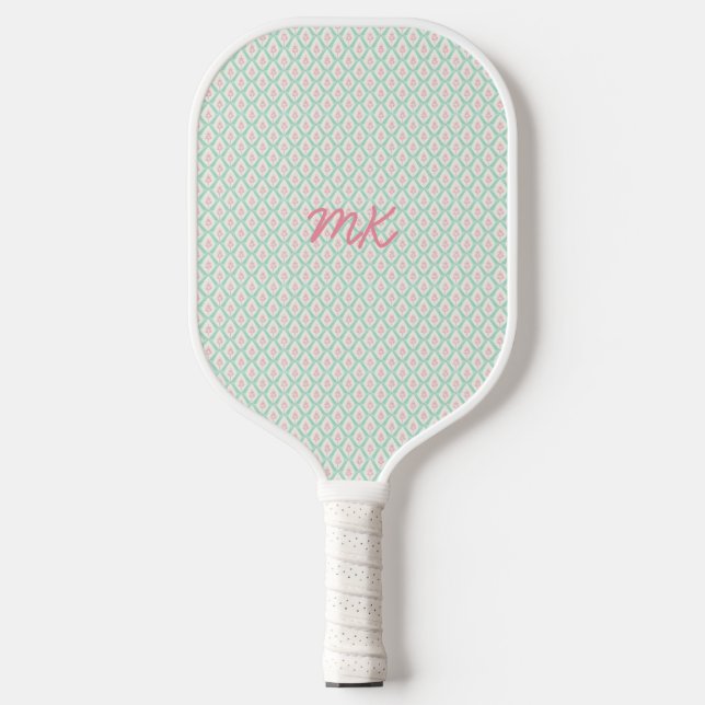 Pastel Girly Green & Pink Muster mit Initialen Pickleball Schläger (Vorderseite)