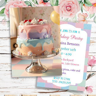 Pastel Glass Birthday Cake with Cherries   Einladung