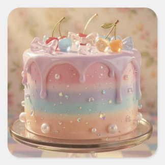 Pastel Glass Food Aesthetic Rainbow Birthday Cake Quadratischer Aufkleber