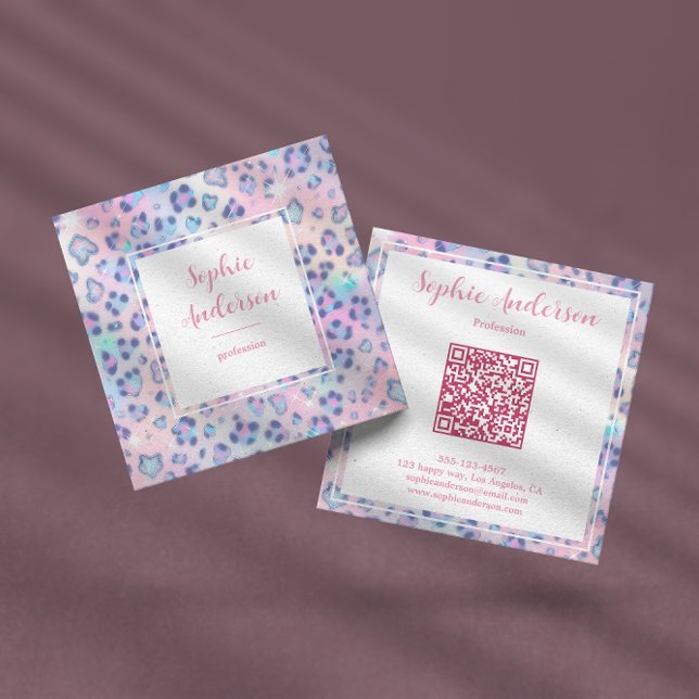 Pastel Glitter Leopard Print with Qr Code Quadratische Visitenkarte (Von Creator hochgeladen)