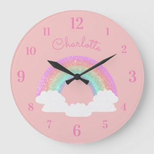 Pastel Glitzer Regenbogen mit Individuelle Name au Große Wanduhr