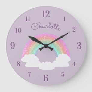 Pastel Glitzer Regenbogen mit Individuelle Name au Große Wanduhr