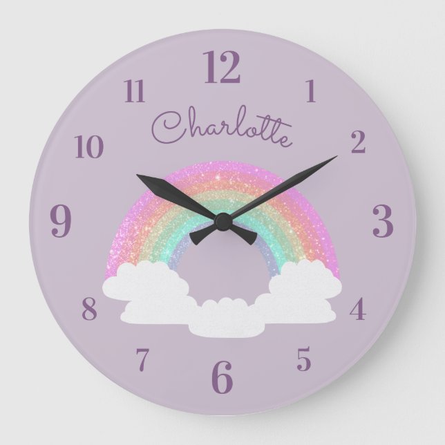 Pastel Glitzer Regenbogen mit Individuelle Name au Große Wanduhr (Vorderseite)