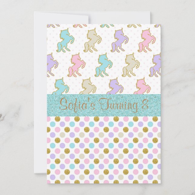 Pastel Glitzer Unicorn Polka Dot Party Einladungen (Vorderseite)