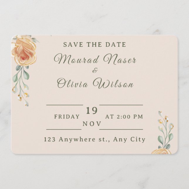 Pastel Gold Floral Wedding Save the Date Card Einladung (Vorderseite)