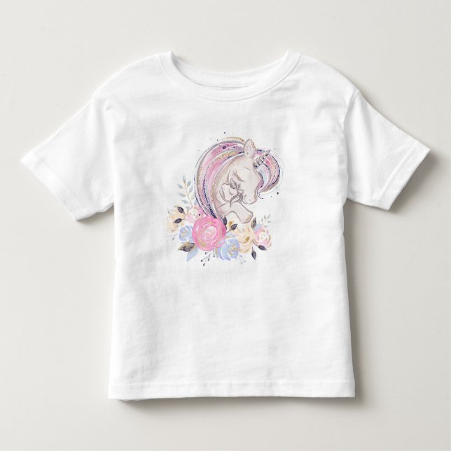 Pastel Gold Glitzer Unicorn und Baby mit Blume Kleinkind T-shirt (Vorderseite)