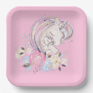 Pastel Gold Glitzer Unicorn und Baby mit Blume Pappteller