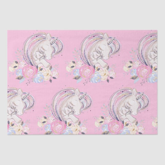 Pastel Gold Glitzer Unicorn und Baby mit Blume Seidenpapier (Vorderseite)