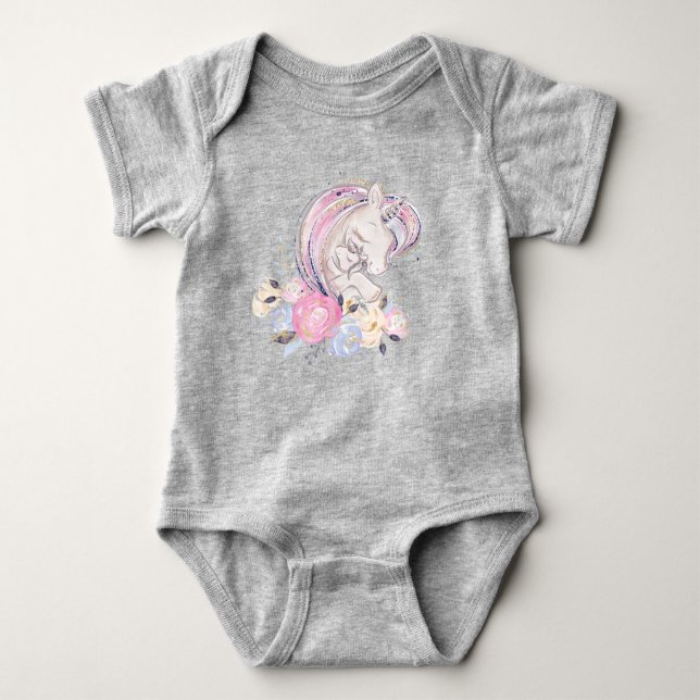 Pastel Gold Glitzer Unicorn und Baby mit Blume Strampler (Vorderseite)