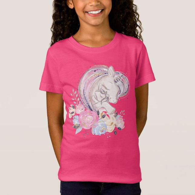 Pastel Gold Glitzer Unicorn und Baby mit Blume T-Shirt (Vorderseite)