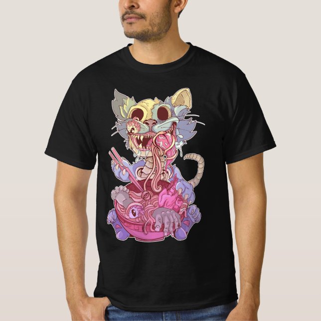 Pastel Goth Aesthetic Kawaii Creepy Cat Eating Ram T-Shirt (Vorderseite)