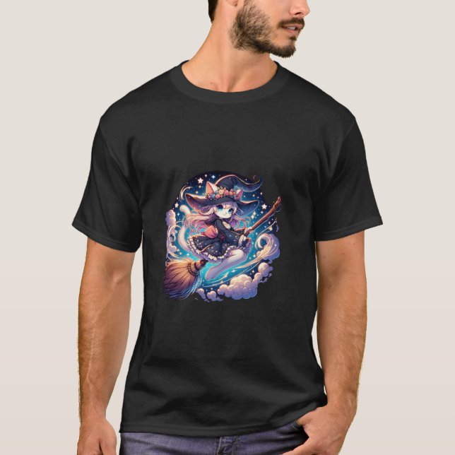 Pastel Goth Anime Flying Neko Witch Creepy Kawaii T-Shirt (Vorderseite)