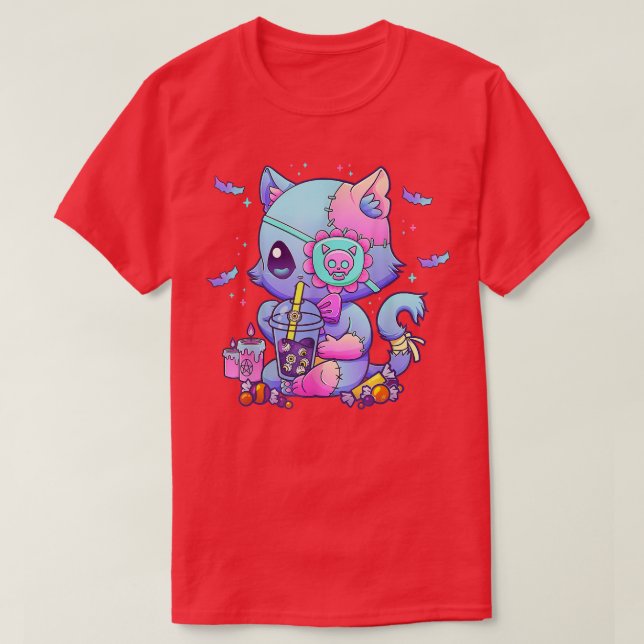 Pastel Goth Ästhetik Kawaii Creepy Katze Boba Tee  (Design vorne)