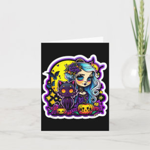 Pastel-Goth-Girl schwarze Katze Halloween-Kunst Karte