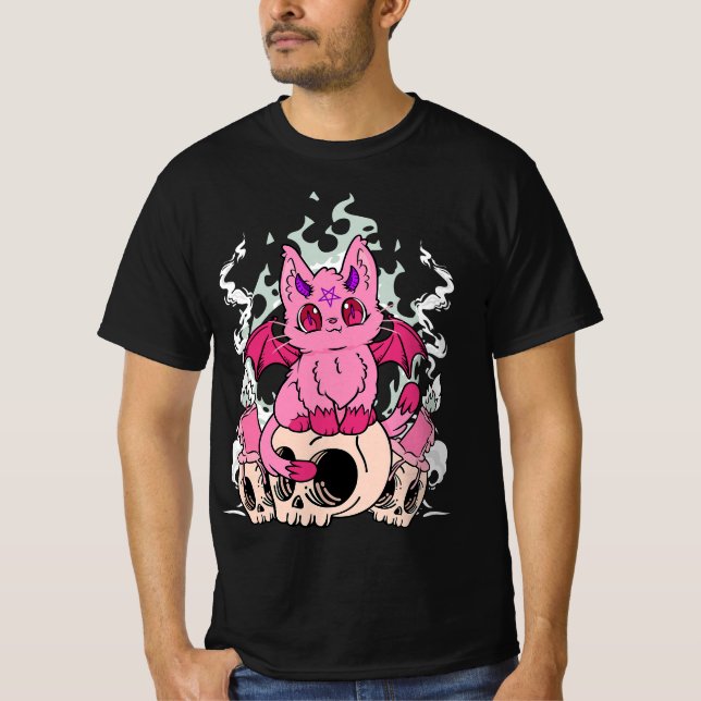 Pastel Goth Pink Demon Cat Skulls Kawaii Anime Got T-Shirt (Vorderseite)