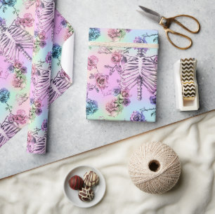 Pastel Goth Rainbow Floral Skelettkäfig Geschenkpapier