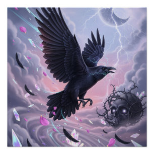 Pastel-Goth-Sturmrabe mit Totenkopf und Kristallen Poster