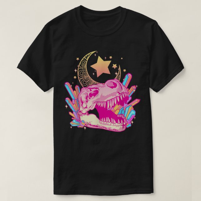 Pastel Goth T-Rex Skull Crystal Crescent Moon Aest T-Shirt (Design vorne)