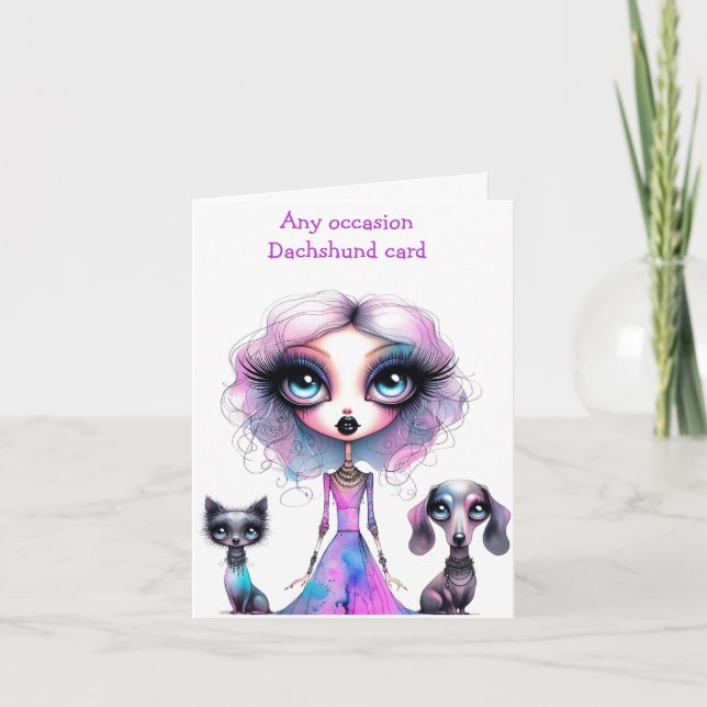 Pastel Gothic Girl mit Dackel- und Katzen-Karte Karte (Vorderseite)