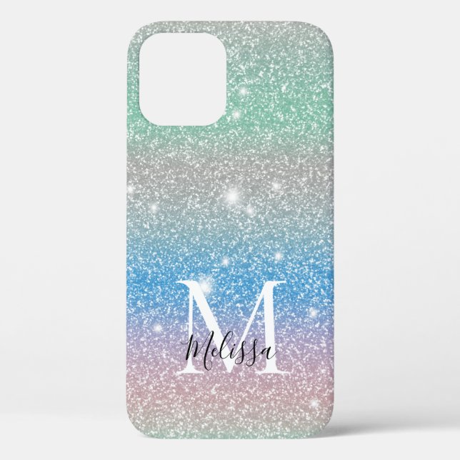 Pastel Gradient Glitzer Sparkle Monogram Name Case-Mate iPhone Hülle (Rückseite)