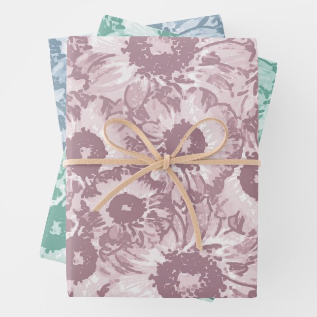Pastel Grau Aquamarin grünes Blumenmuster Geschenkpapier Set (Beispiel)