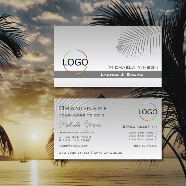 Pastel Gray Gradient Palm Leaf mit Logo Stilvoll Visitenkarte (Von Creator hochgeladen)