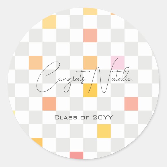 Pastel & Gray Karos Ästhetische Graduierungsparty Runder Aufkleber (Vorderseite)