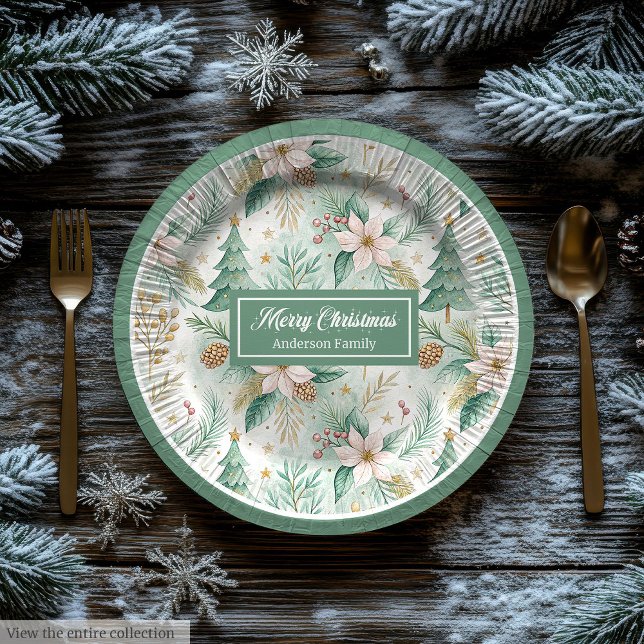 Pastel Green and Gold Plates Christmas Floral Wrap Pappteller (Pastel Green and Gold Plates Christmas Floral Wrap)