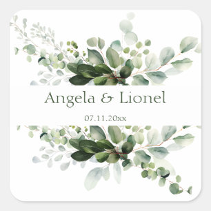 Pastel Green Eucalyptus Foliage Elegance Wedding Quadratischer Aufkleber