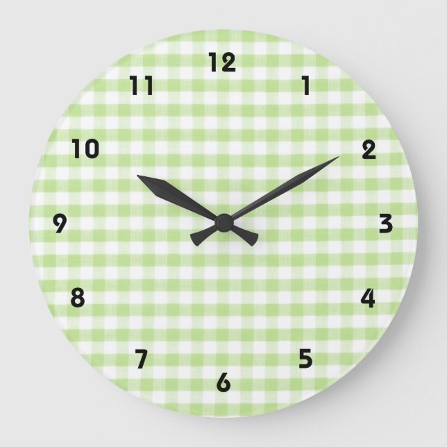Pastel Green Gingham-Muster Große Wanduhr (Vorderseite)