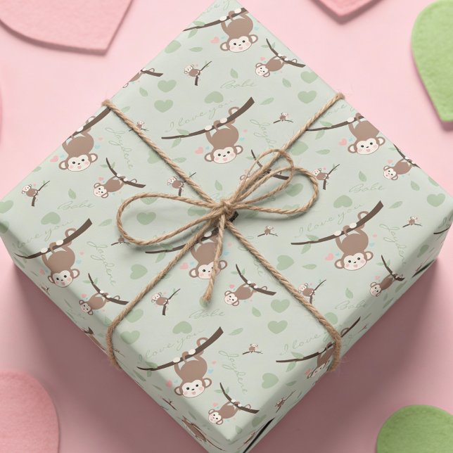 Pastel Green Monkey Valentine Wrapping Paper  Geschenkpapier (Wrap it, love it. This pastel custom monkey Valentine paper is perfect for gifts and crafts.)