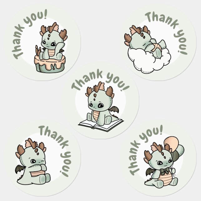 Pastel Green Orange Baby Dragon Vielen Dank Etiketten (Gruppe)