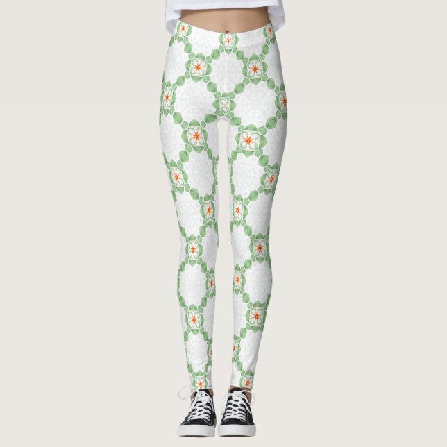 Pastel Green & Orange Floral Leaf Pattern Leggings (Vorderseite)
