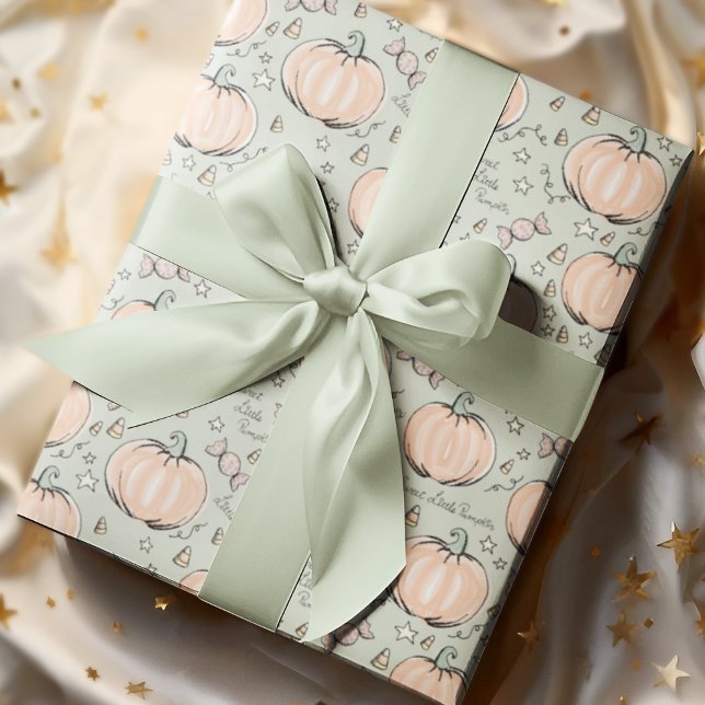 Pastel Green Sweet Little Pumpkin Baby Geschenkpapier (Adorable Baby Halloween Illustrations Hand-drawn by Nathalie Portet. Soft Pastel Green Background. )