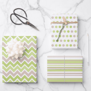PASTEL GREEN & TAN STRIPES POLKA DOTS ZIG ZAG GESCHENKPAPIER SET
