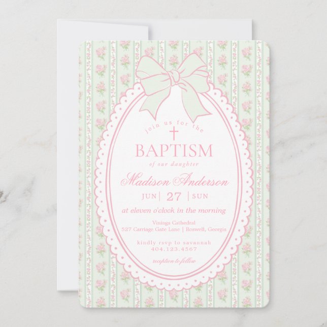 Pastel Green Vintage Fancy Floral Baptism Einladung (Vorderseite)