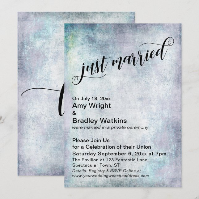 Pastel Grunge Just Married Wedding Einladung (Vorne/Hinten)