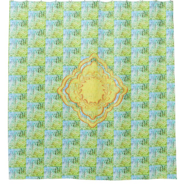 Pastel Grüntöne und Goldene Medallien Abstrakte Ku Duschvorhang (Vorderseite)