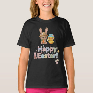 Pastel-Häkel-Happy-Ostern-Hase- und Küken-Design T-Shirt