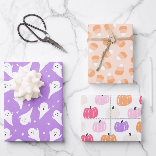 Pastel Halloween Baby Ghosts Pumpkins Lavender Geschenkpapier Set (Vorderseite)