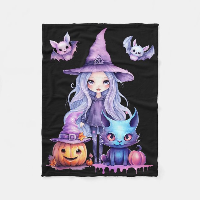 Pastel Halloween Hexenkatze Kürbiskerns Fleecedecke (Vorderseite)