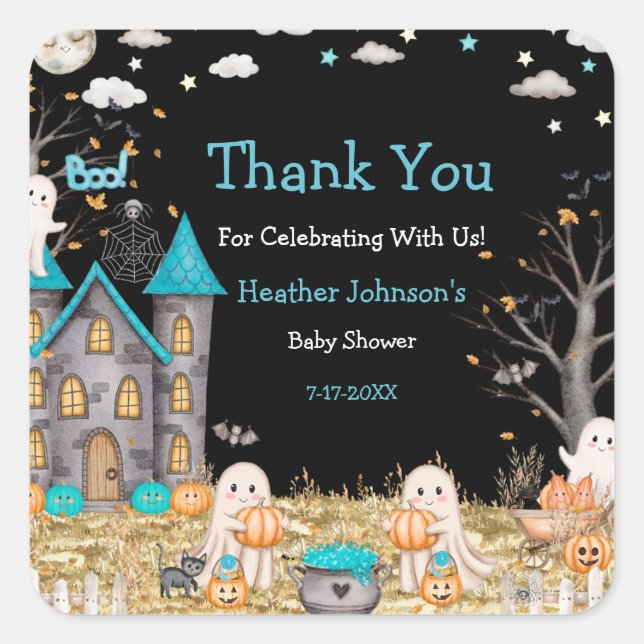 Pastel Halloween Little Boo Boy Baby Dusche Quadratischer Aufkleber (Vorderseite)