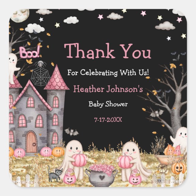 Pastel Halloween Little Boo Girl Babydusche Quadratischer Aufkleber (Vorderseite)