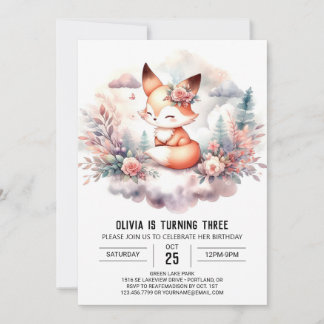 Pastel Happy Fox Geburtstag digital Einladung